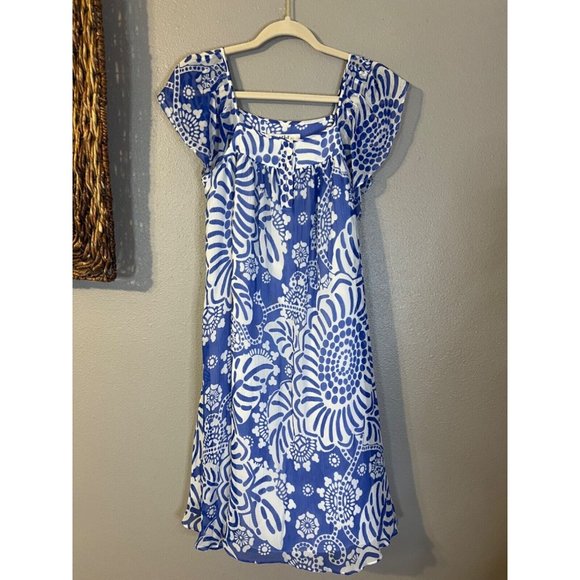 Anthropologie Tibi Silk Dress 6 Blue Ivory Short Sleeve Relaxed Fit Shift Flowy - Picture 15 of 15